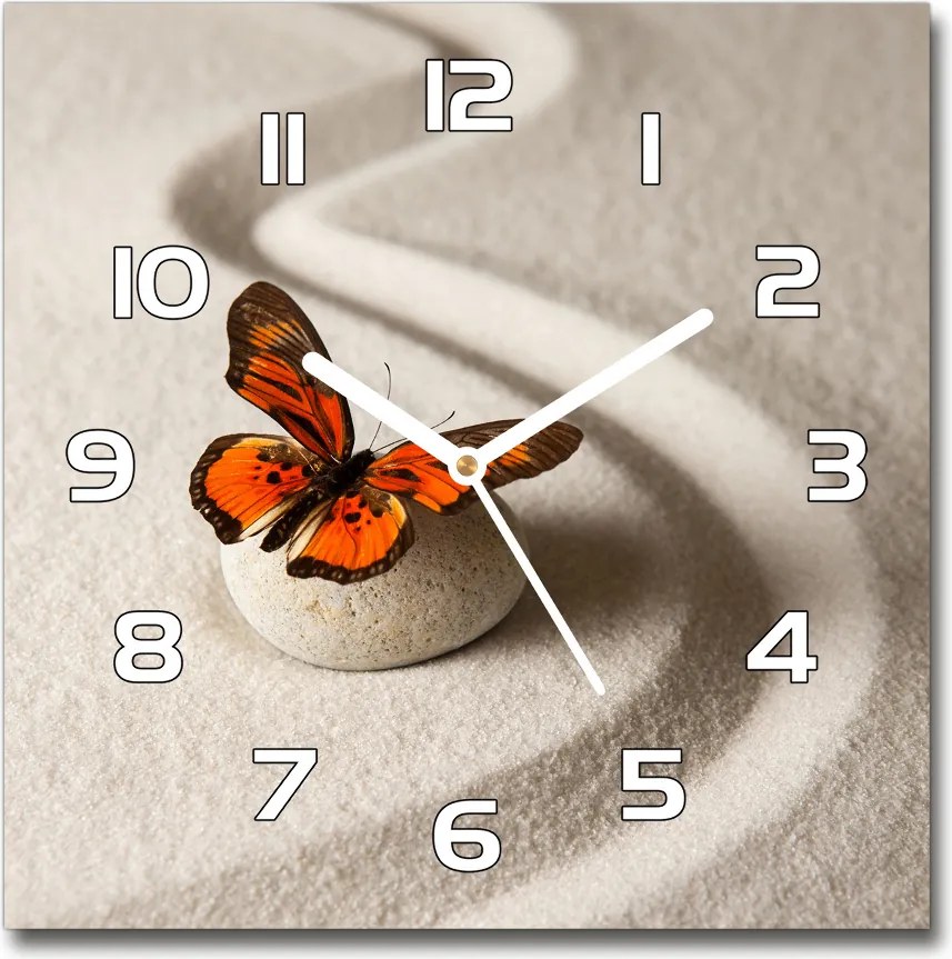 Zegar szklany kwadratowy Kamień zen i motyl