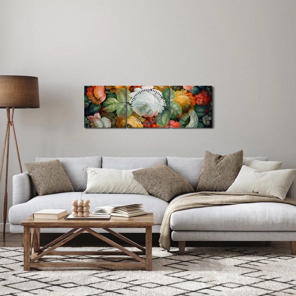 Obraz namalowanego bukietu kwiatów (z zegarem) (90x30 cm)