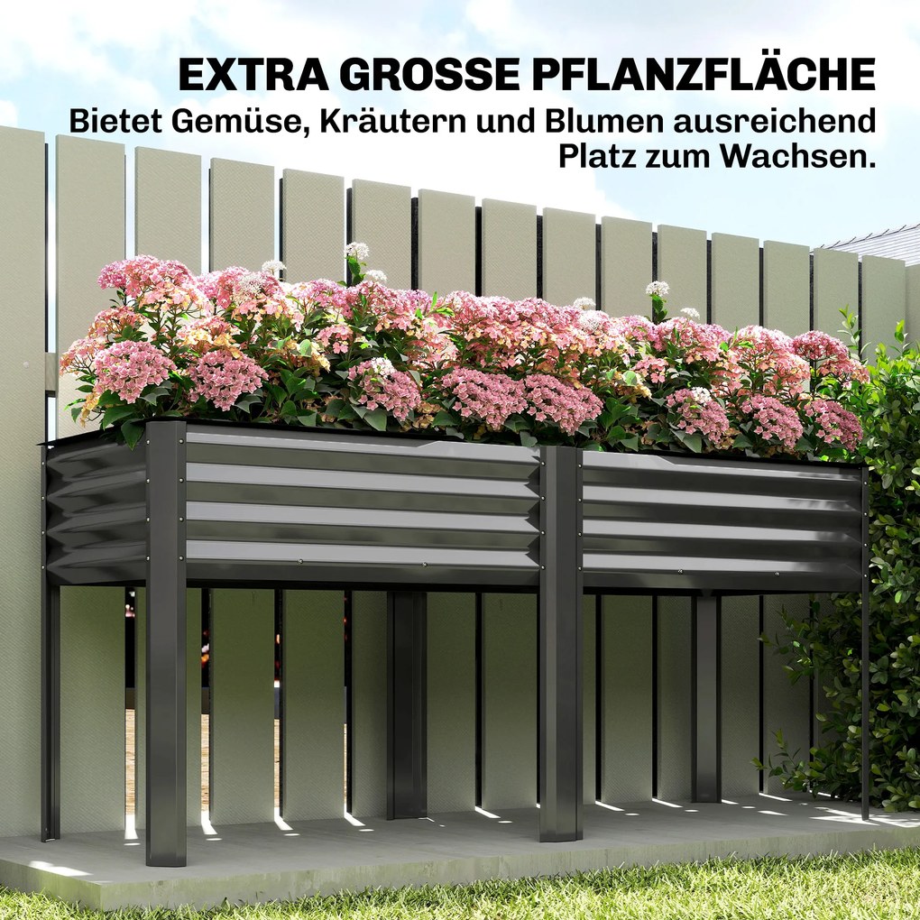 Outsunny Skrzynia z metalu, extra duży pojemnik do sadzenia z wzmocnieniami i wkładem włókninowym, 180 x 55 x 80 cm, ciemnoszary | Aosom PL