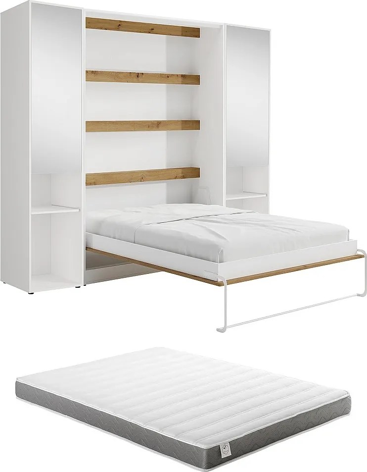 Łóżko chowane w szafie pionowe 140 x 200 cm - 2 kolumny do przechowywania - Z lustrami i LEDami - Białe i naturalne + Materac - RAPILI