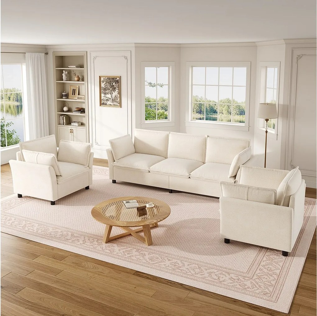 Modułowa sofa 3-osobowa + 2 fotele z poduszkami - Chenille - 220 x 87 x 81 cm - Beż