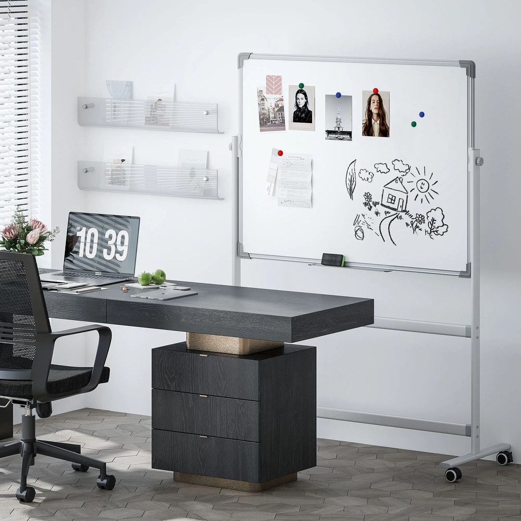 HOMCOM Tablica Magnetyczna, 120 x 90 cm, Obrotowa, Mobilna, z Markerami & Gąbką, Stalowa Konstrukcja, Biała