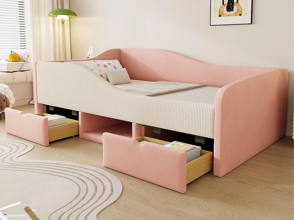 Tapicerowane łóżko dziecięce 90x190 cm - z 2 szufladami - z stelażem lamelowym - ​​Różowy​​ (materac nie jest wliczony w cenę)