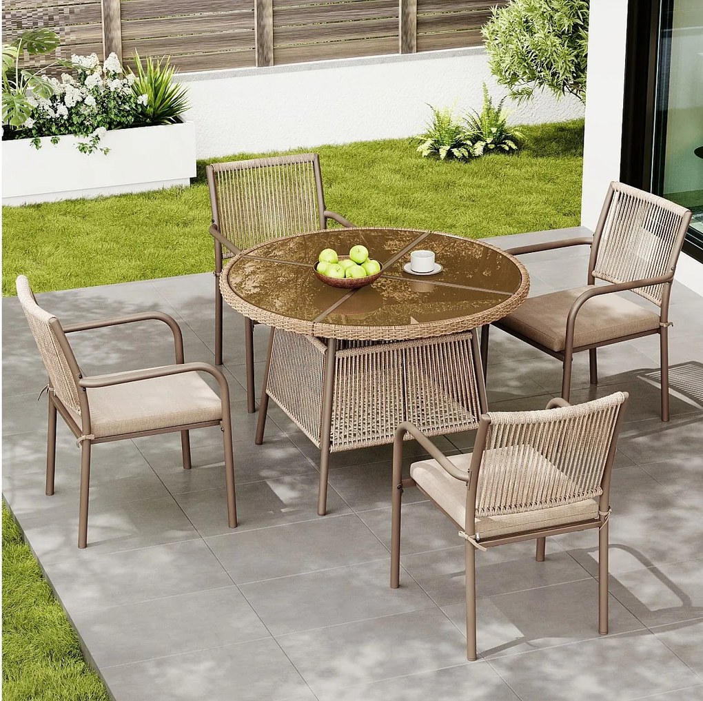 5-częściowy zestaw ogrodowy z rattanu – okrągły stół ze szkła hartowanego + 4 fotele z podłokietnikami, żelazna rama, poduszki w zestawie, na patio i balkon