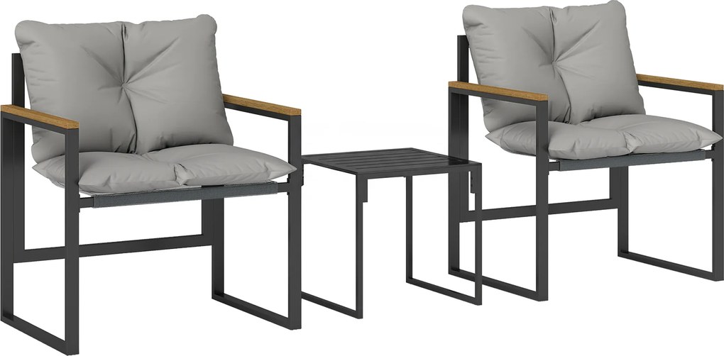Outsunny 3-częściowy zestaw mebli balkonowych, 2 fotele ze stolikiem, poduszki z oddychającym pokryciem, meble ogrodowe, zestaw bistro z metalu, na taras i do ogrodu, szary | Aosom PL