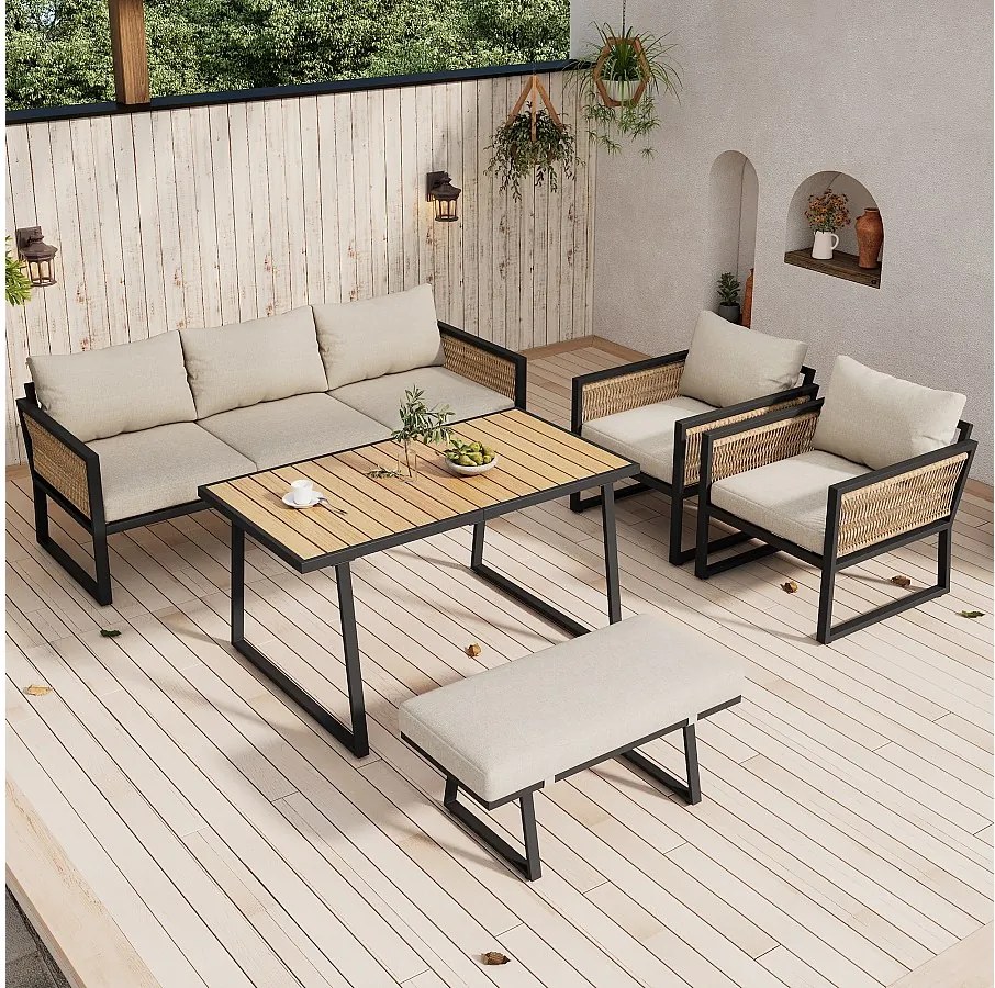 Zestaw mebli ogrodowych na 6 osób - z lekkiej ocynkowanej stali - z liny - kanapa - 2 fotele i stolik kawowy - z jadalnią - 1 stołek - beżowy