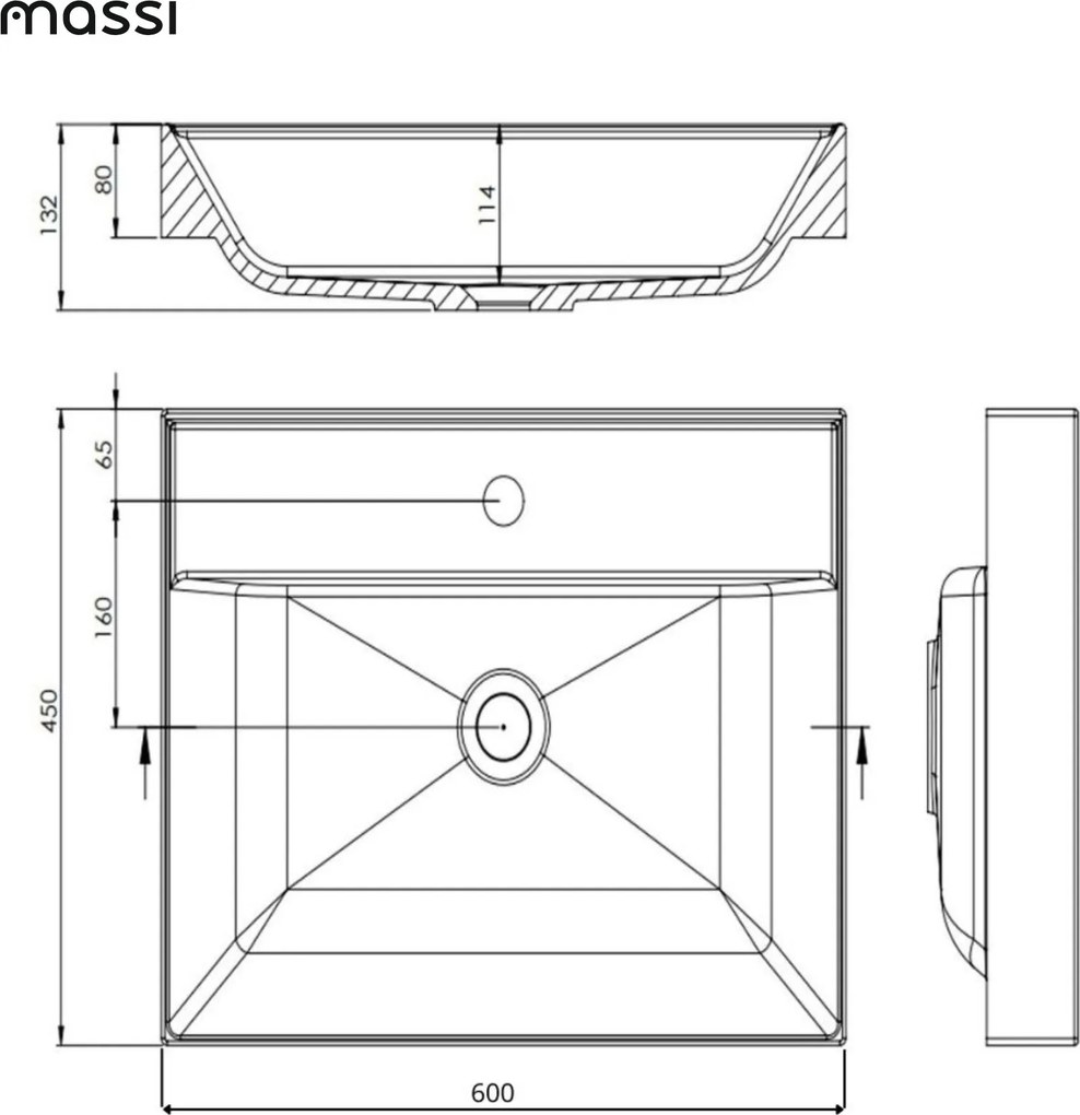 Massi Umywalka z konglomeratu blatowa prostokątna biała NAVI 60cm | Różne rozmiary | Z otworem na baterię lub bez : Otwory na baterię - Jeden otwór, Rozmiar - 60 x 45 cm