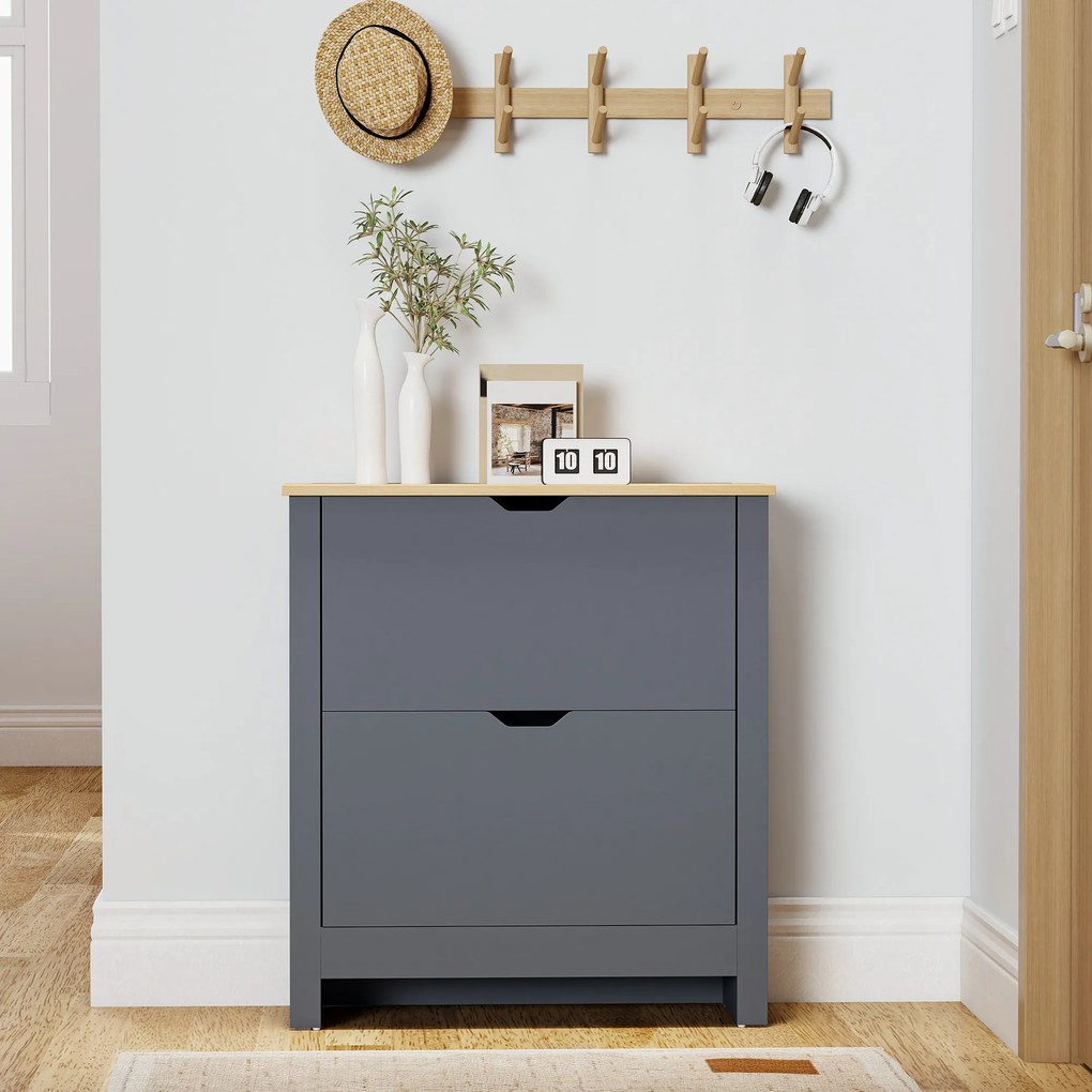 HOMCOM Szafka na buty z 2 klapowymi przegrodami, regulowana przegroda na 8-12 par butów, 72 x 26 x 80 cm, Ciemnoszary | Aosom PL