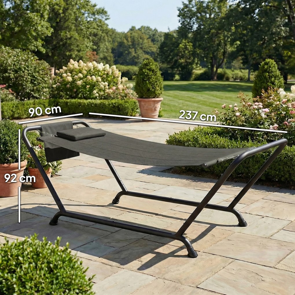 Outsunny Hamak z Ramą 237 x 90 cm Hamak ze Stelażem z Boczną Kieszenią i Poduszką, Metalowa Rama do 150 kg | Aosom PL