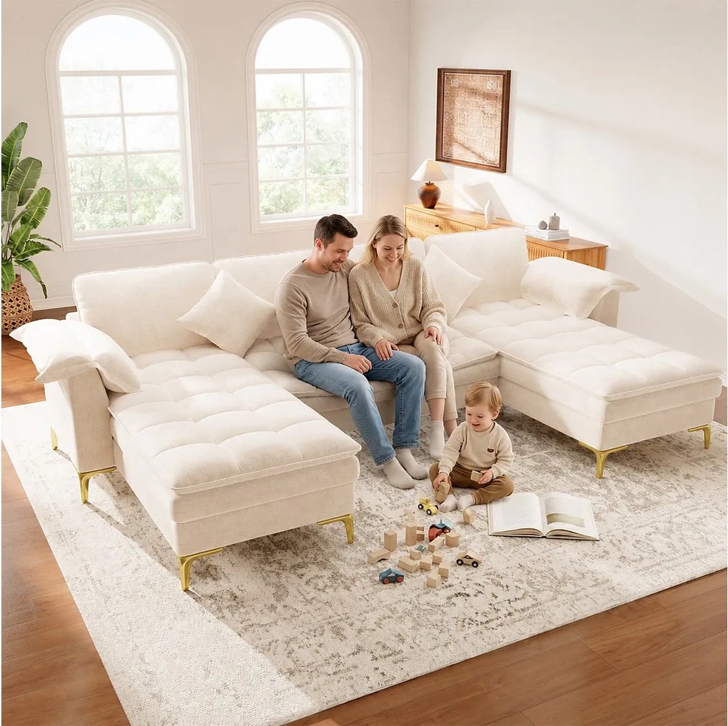 Modułowa sofa narożna U/L 6-osobowa z 2 pufami ze schowkiem i konsolą centralną USB/Type-C - Chenille - 316 x 140 x 84,5 cm - Beżowa