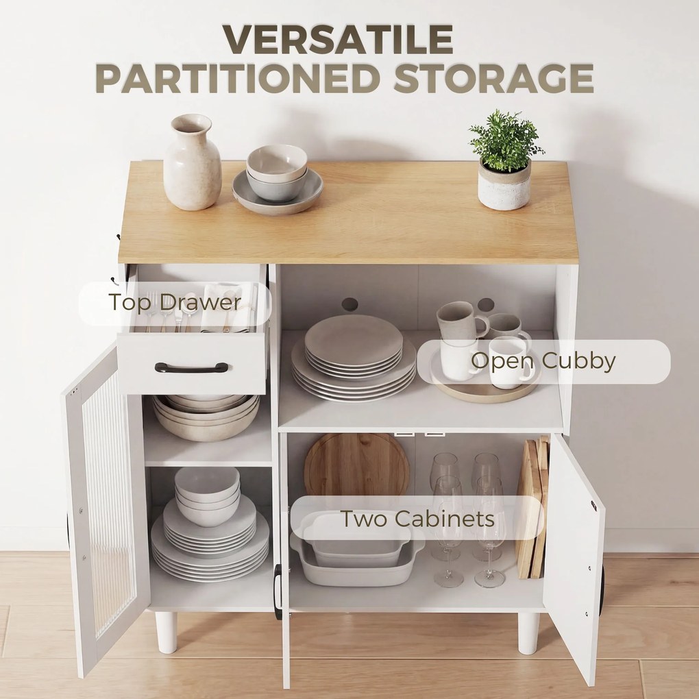 HOMCOM Kredens kuchenny z szufladą, 2 szafkami, otwartą półką, prążkowanymi drzwiami z akrylu 80 x 34 x 91 cm Biały + Dąb | Aosom PL