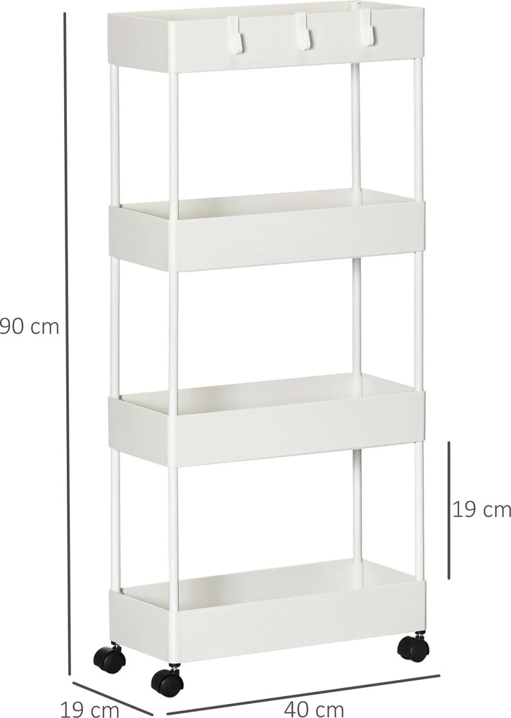 HOMCOM Wózek Kuchenny Niszowy z 4 Półkami 4 Hakami 4 Kółkami Biały 40x19x90cm | Aosom PL