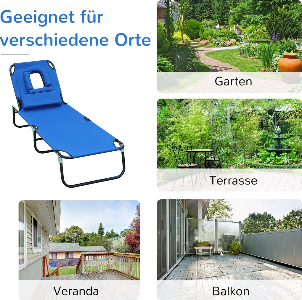 Outsunny leżak, leżak ogrodowy, leżak relaksacyjny, leżak trójnożny z okienkiem do czytania, otwór na twarz, niebieski