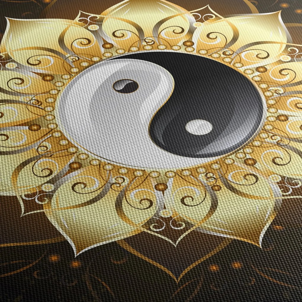 Obraz - Złoty Yin-Yang (z zegarem) (90x30 cm)