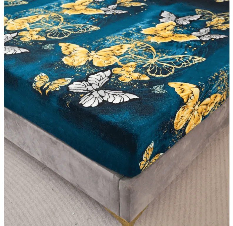 PrzytulneMieszkanie.pl Prześcieradło z mikropluszu ZŁOTO I BIAŁY MOTYL 90x200 cm ciemnozielone