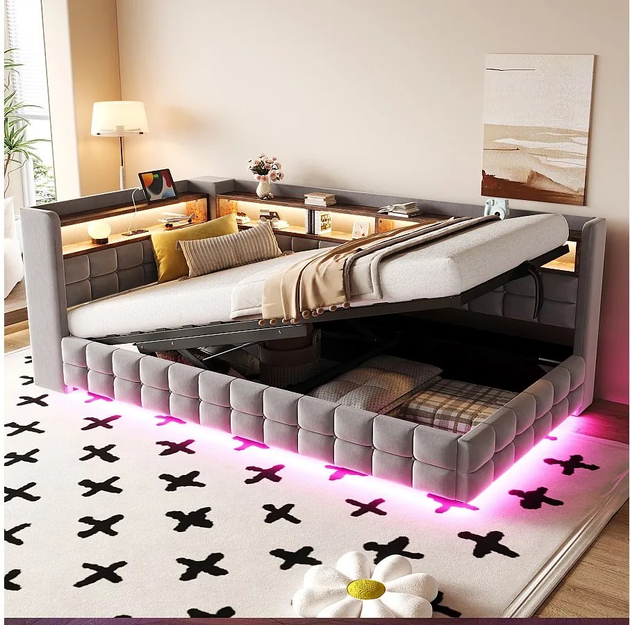 Łóżko dziecięce z pojemnikiem - 90 x 200 cm - sofa tapicerowana z funkcją spania, z hydraulicznym pojemnikiem + półka + diody LED - welur - jasnoszary