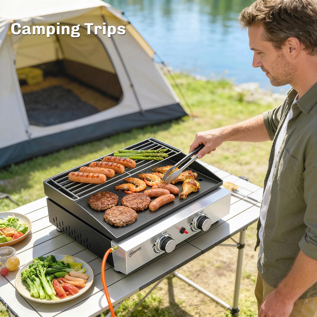 Outsunny Grill gazowy 5 kW przenośny stołowy z 2 palnikami, ceramiczną powłoką i rusztem podgrzewającym | Aosom PL