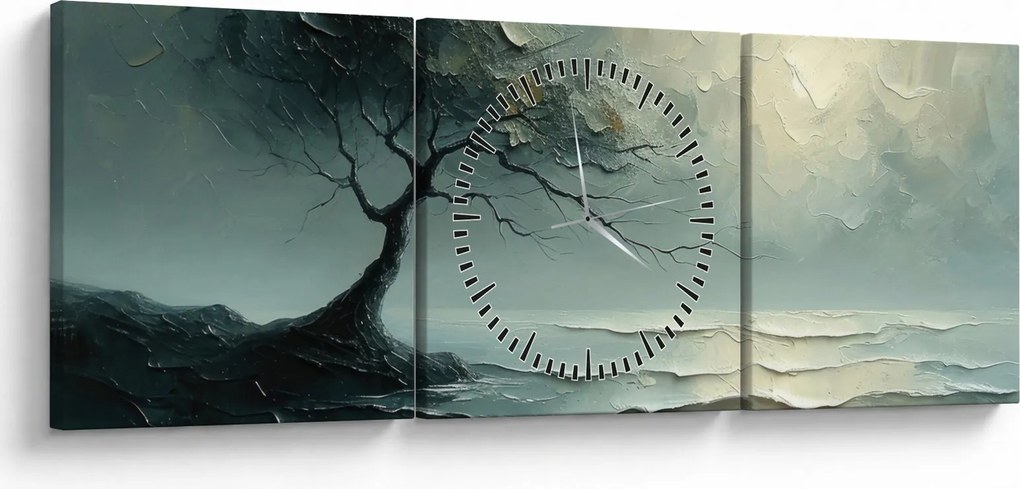 Obraz - Obraz olejny przedstawiający drzewo z oceanem (z zegarem) (90x30 cm)