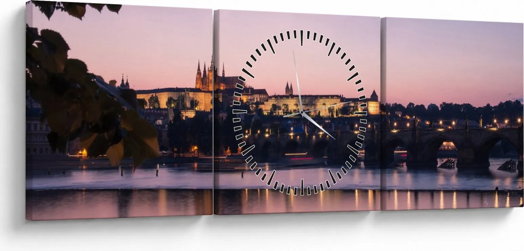 Obraz Zamku Praskiego i Wełtawy (z zegarem) (90x30 cm)