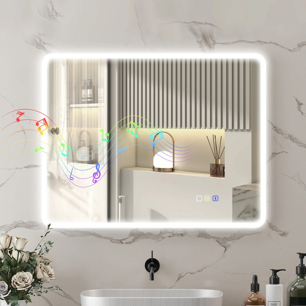 HOMCOM Lustro łazienkowe LED Bluetooth 70x90 cm podświetlane antypara głośnik 3 kolory światła dotykowe ścienne prostokątne | Aosom PL