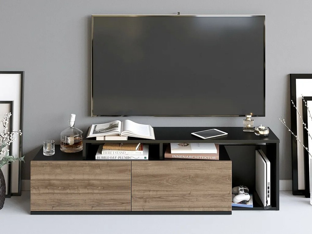 Nowoczesna szafka pod telewizor – 149,8 x 42,9 x 35,3 cm – Kolor czarny i orzechowy – Płyta wiórowa pokryta melaminą