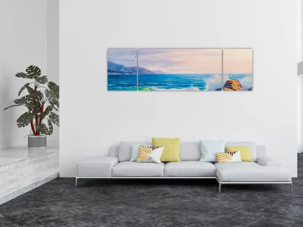 Obraz fal uderzających w klify, obraz olejny (170x50 cm)