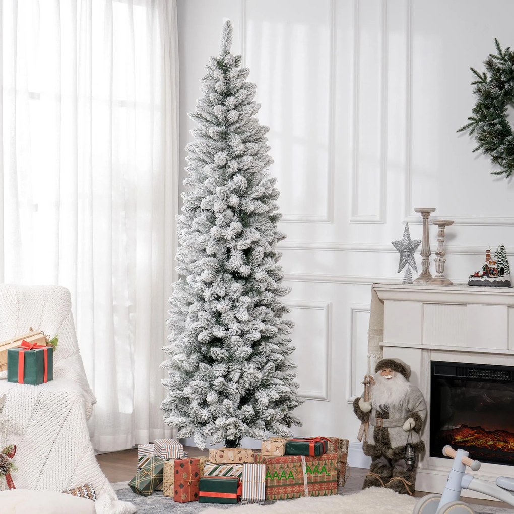 HOMCOM Sztuczna Choinka, niepalna, z efektem śniegu, szczupła, na metalowej podstawie, 75 x 210 cm, Zielona | Aosom PL