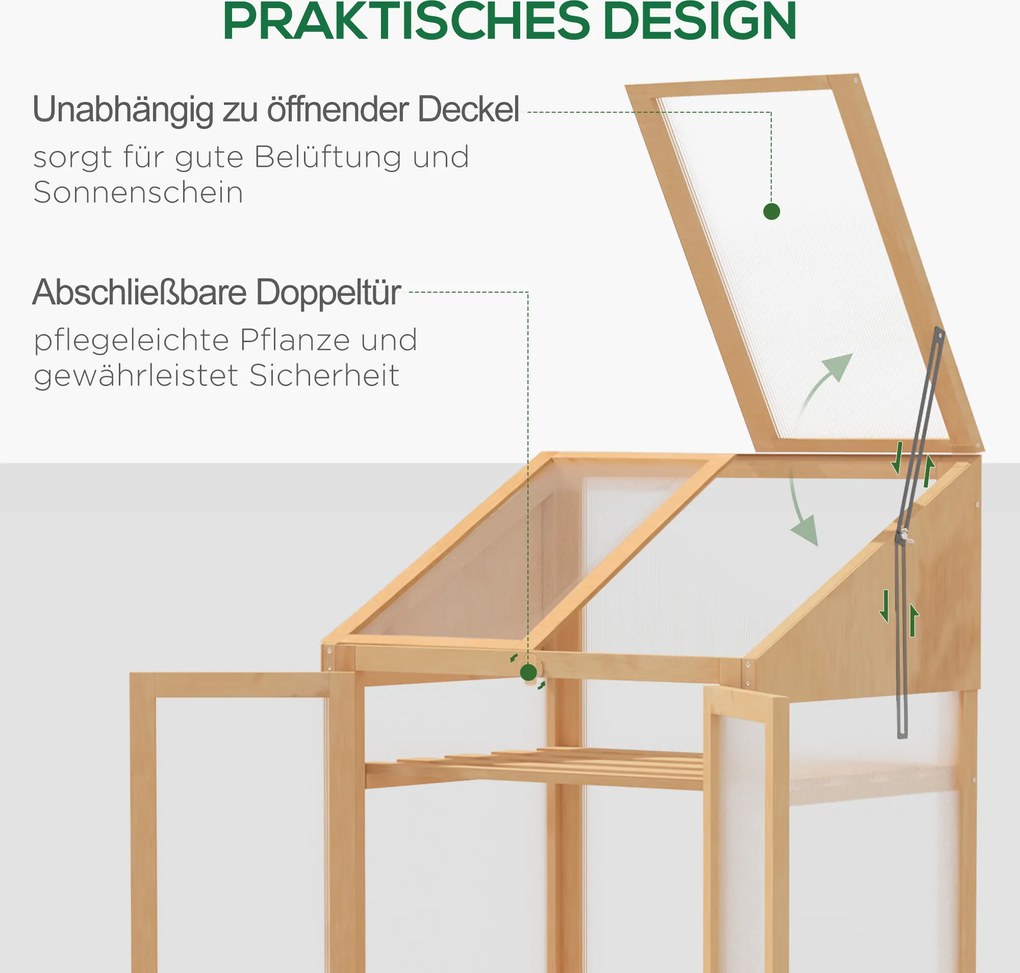 Outsunny Mini szklarnia, mała szklarnia z ramą drewnianą, oknami i podwójnymi drzwiami, 3 półki, 70Dł x 50Szer x 120Wys cm, Brązowa