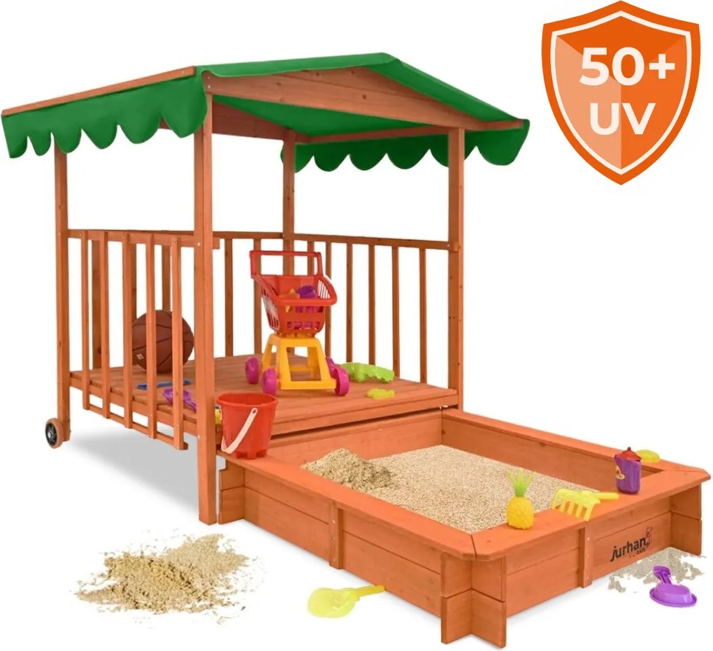 Piaskownica z werandą HAPPY, 130x130x143cm, brązowa/zielona Jurhan
