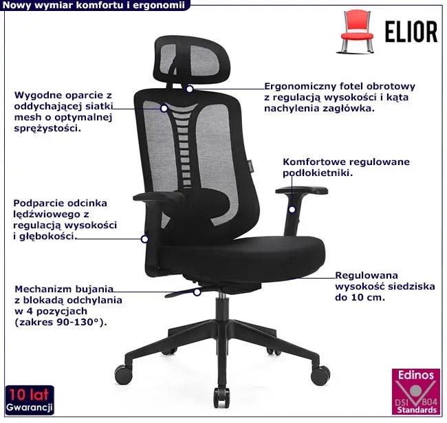 Czarny ergonomiczny biurowy fotel z mechanizmem bujania - Vinter