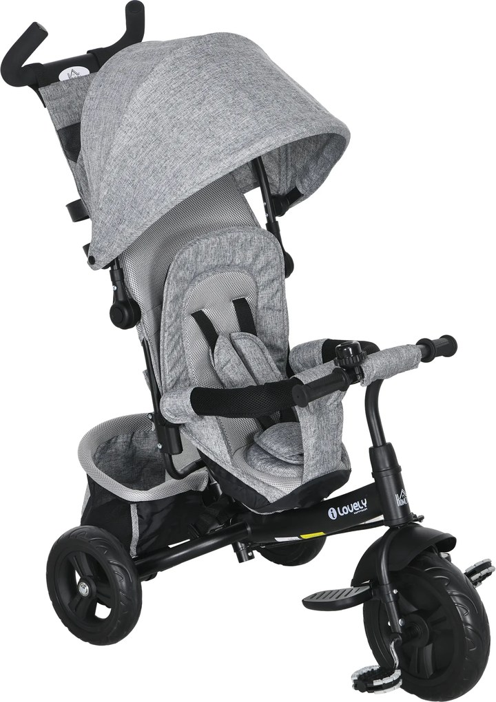Trójkołowiec HOMCOM dla Dzieci, Rower dziecięcy, Kosz, Uchwyt na Kubek, Sonnendach, Metal, Szary