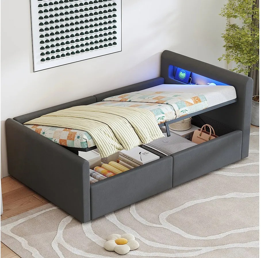 Łóżko 90 x 200 cm z pojemnikiem - Łóżko dziecięce z oświetleniem LED i portem USB - zagłówek ze schowkiem - ciemnoszary aksamit - materac nie jest wliczony w cenę