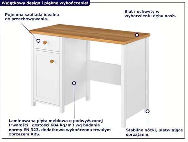 Białe biurko z dębowym blatem Z5-B45