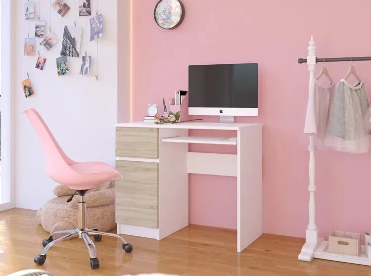Biurko pod laptopa z szufladą biały + dąb sonoma T0-F04