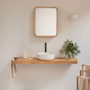 Zestaw Mebli Łazienkowych 130x45 Cm Wiszący Z Drewna Tekowego Neill Drewno Tekowe & Okrągły Ceramiczny Biały Ø40 Cm Lenka & Czarny Matowy ↑30 Cm Z Zaw