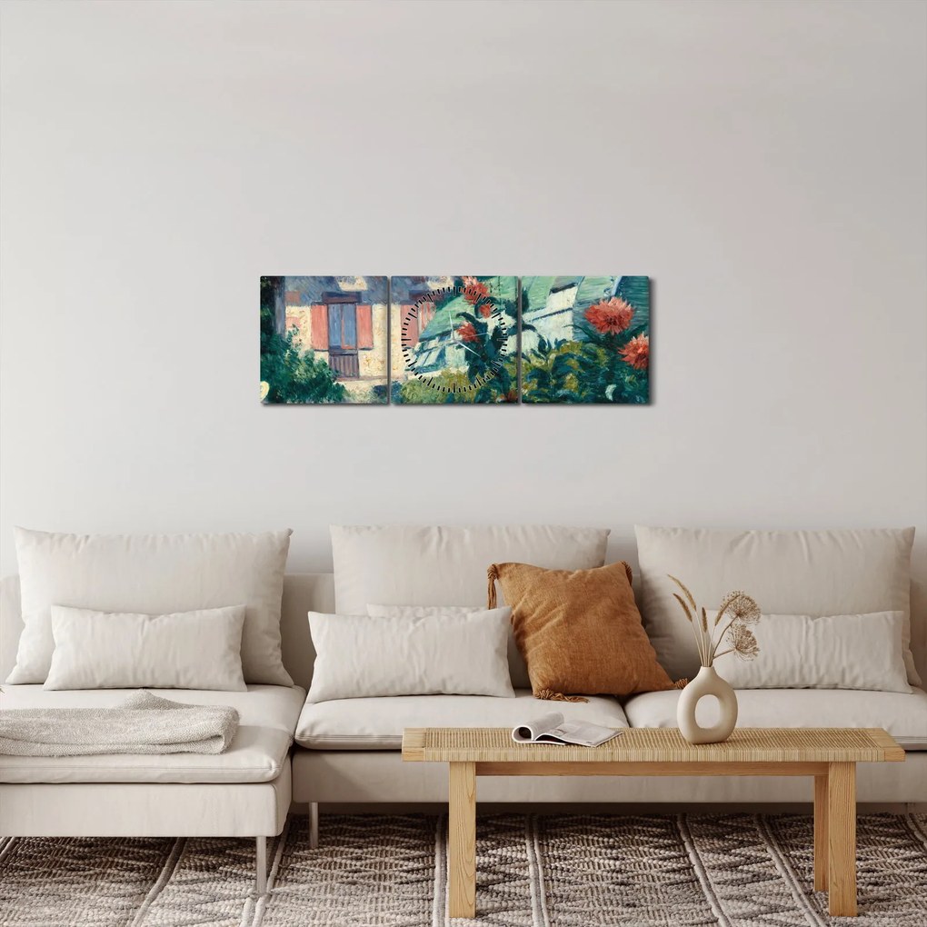 Obraz - Gustave Caillebotte, Dahlias, Garden at Petit Gennevilliers, reprodukcje (z zegarem) (90x30 cm)