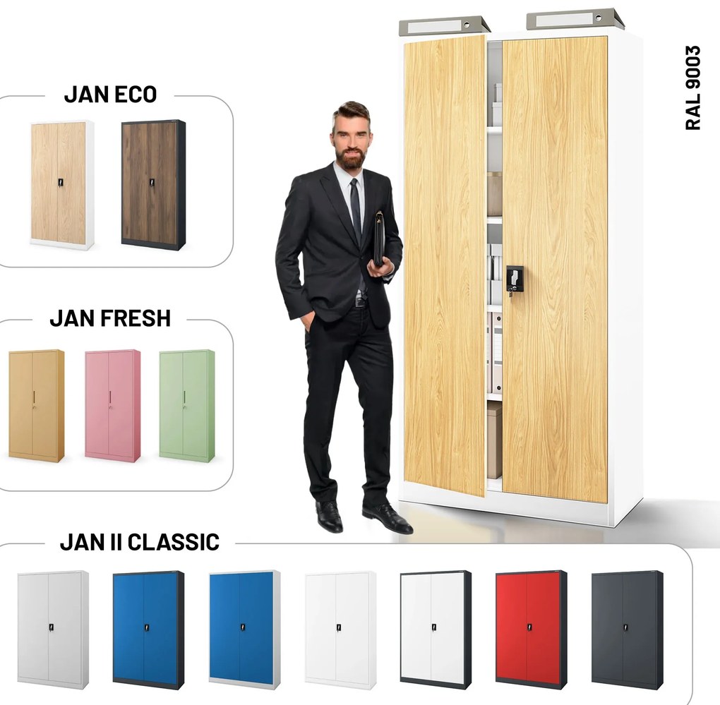 Szafa biurowa metalowa wysoka na dokumenty biała/złoty dąb, 900x1950x400 mm: JAN H Eco Design