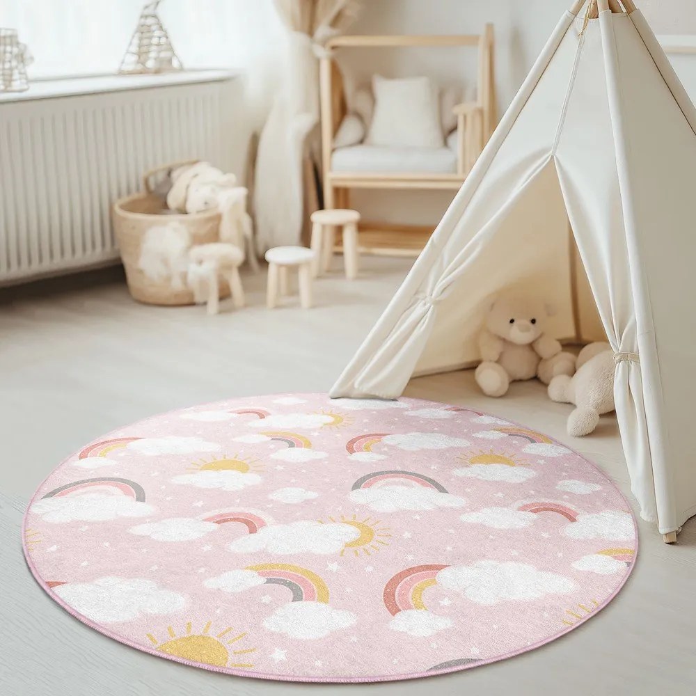Różowy dywan dziecięcy odpowiedni do prania ø150 cm Rainbow World – Mila Home