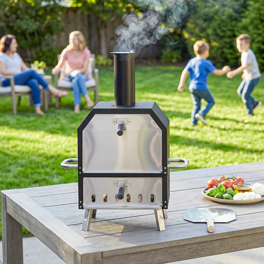 Outsunny Zewnętrzny Piec do Pizzy Opalany Drewnem Stal Nierdzewna 2 Poziomy z Kamieniem do Pizzy 1 cm, Składane Nóżki | Aosom PL