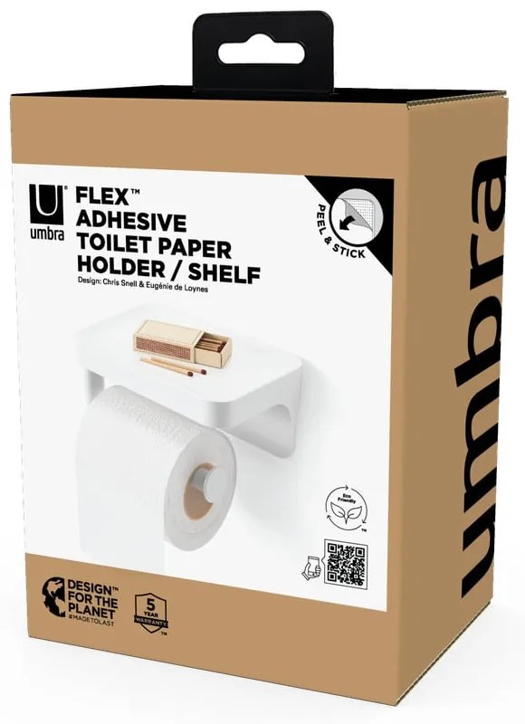 Biały samoprzylepny uchwyt na papier toaletowy z plastiku z recyklingu Flex Adhesive – Umbra