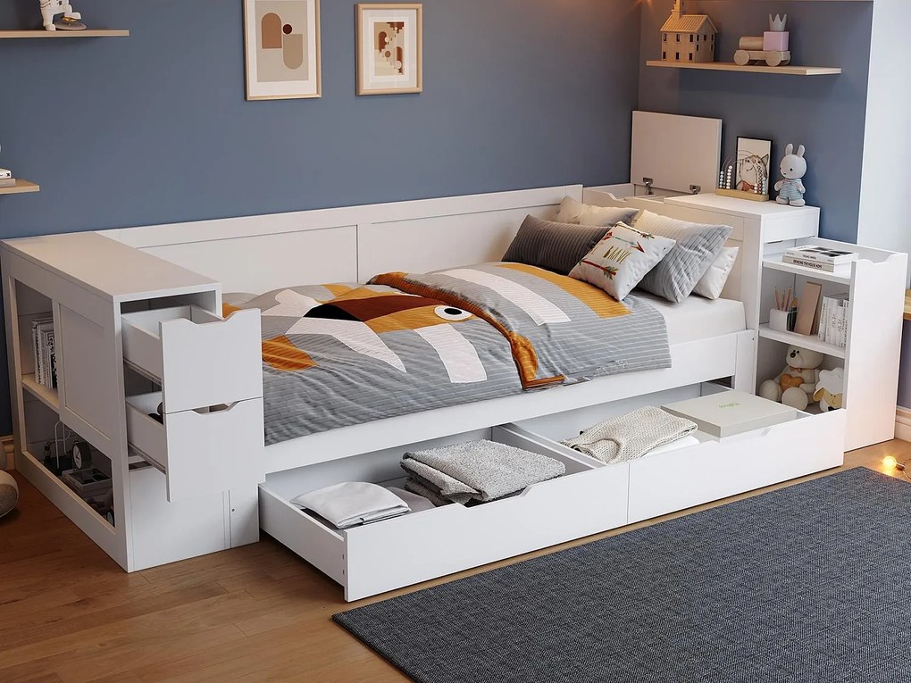 Sofa z funkcją spania dla dzieci 90x200cm - z szufladami, półkami i przestrzenią do przechowywania - z nocną szafką - Biały (bez materaca)