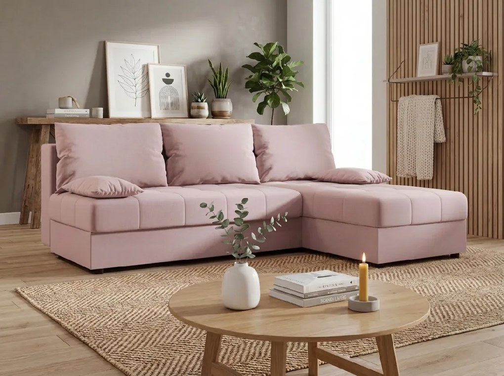 Rozkładana narożna sofa VENORIA SLIM 200x143 cm, pudroworóżowa, uniwersalna + 2 poduszki GRATIS
