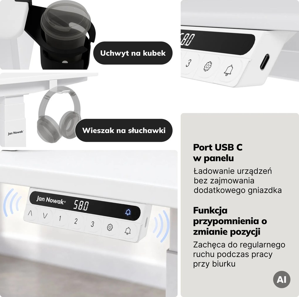 Biurko elektryczne z regulacją wysokości ergonomiczne białe,1600x800 mm: ARIA