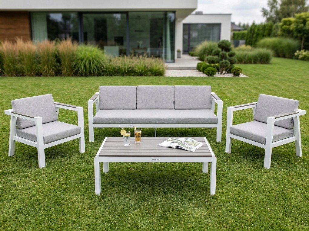 Zestaw mebli ogrodowych biały aluminium sofa fotele stolik drewniane detale