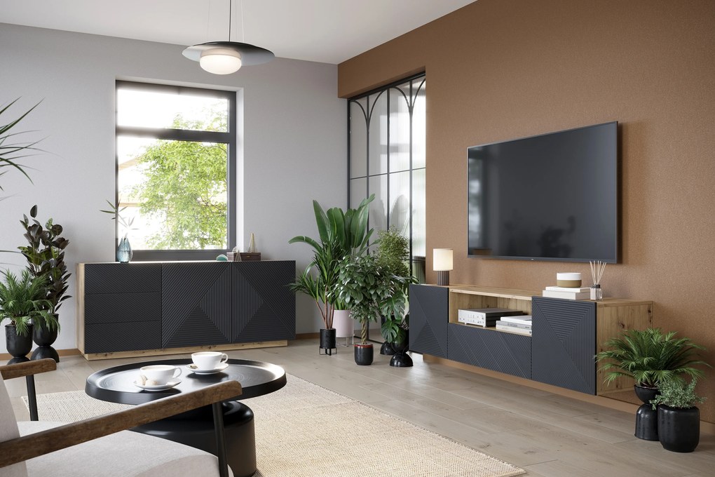 Komoda Asha 167 cm dwudrzwiowa z szufladami - artisan / rivier stone mat