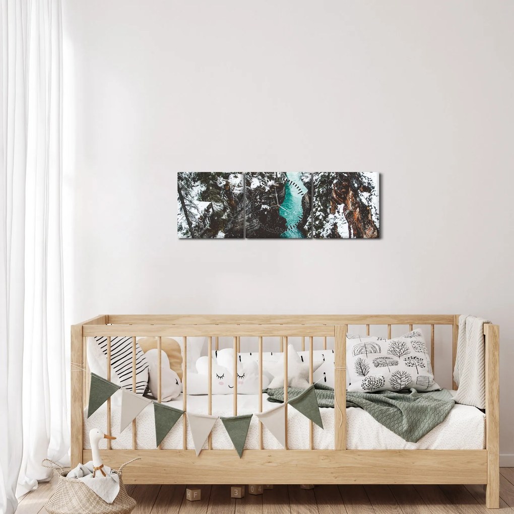 Obraz - górska rzeka zimą (z zegarem) (90x30 cm)