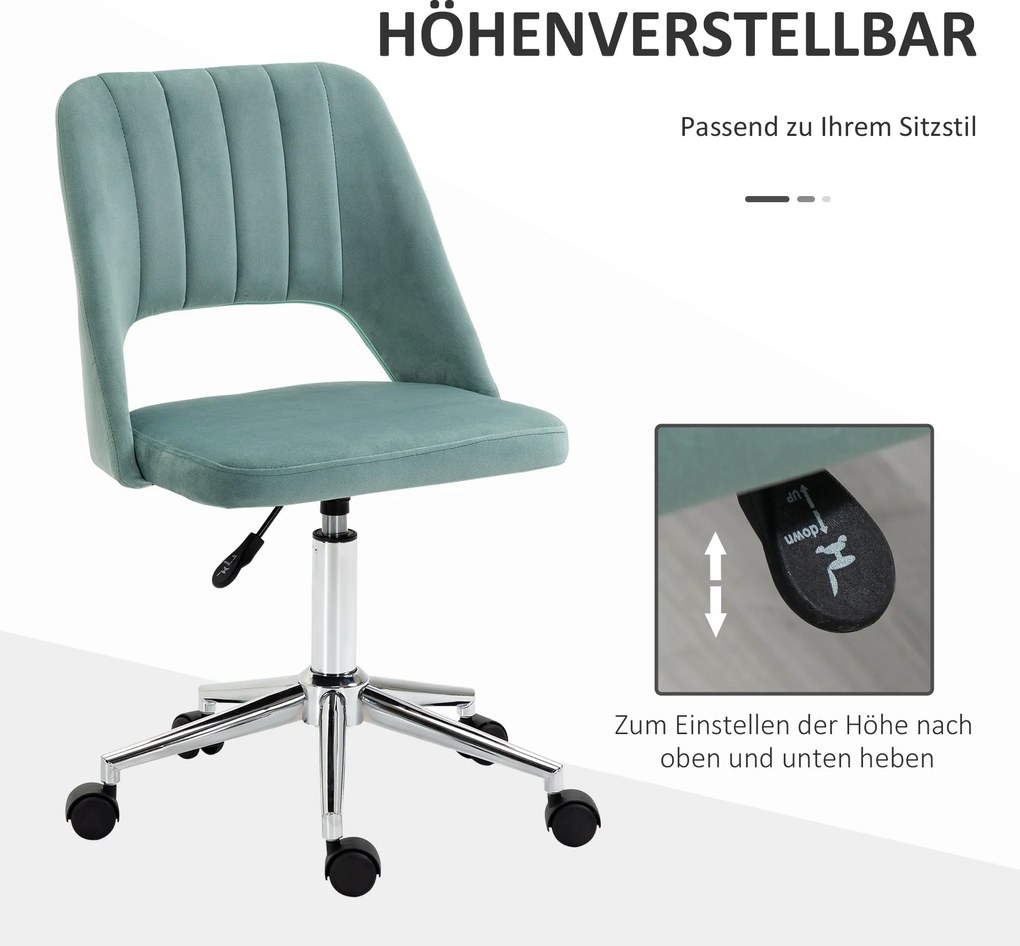 Vinsetto Regulowany Fotel Biurowy na Kółkach, 360° Obrotowy, w kształcie muszli, Pianka, 49 x 60 x 79-91 cm, Zielony