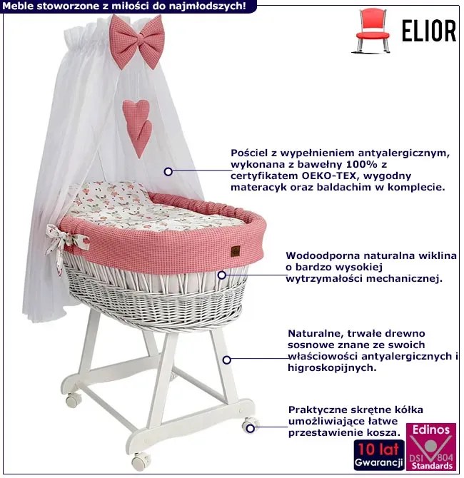 Różowy zestaw mobilne łóżeczko z baldachimem E4-B92