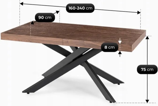 Stół Prostokątny Rozkładany HAMPTON 160-240 cm Orzech/Czarny do Jadalni Nowoczesny Loft