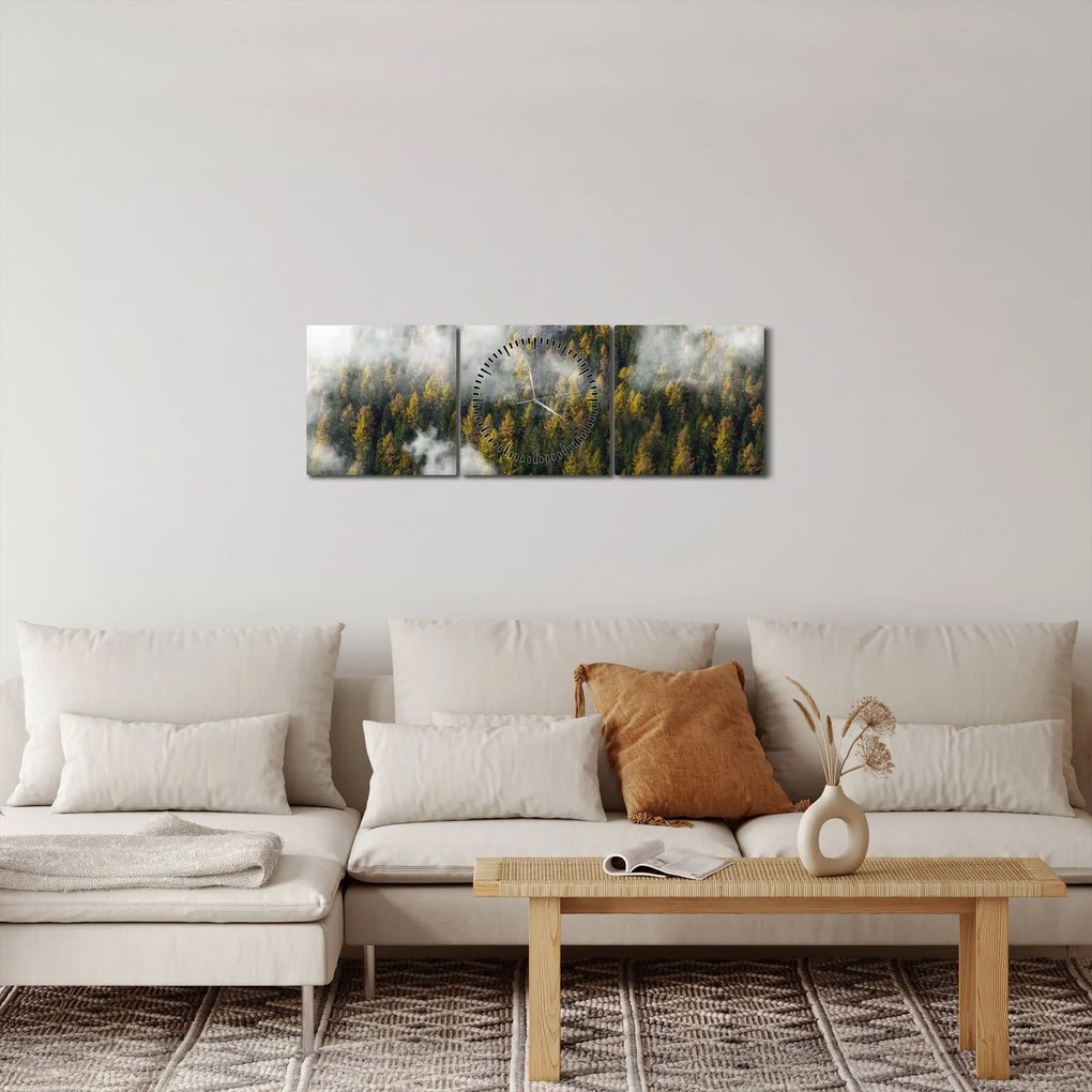 Obraz lasu w chmurach (z zegarem) (90x30 cm)